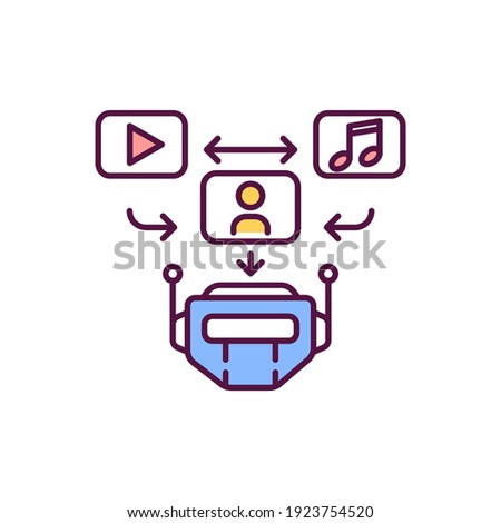 Media recommendation from AI assistant RGB color icon. Digital transformation. Smart virtual assistance. Artificial intelligence recommend song and movie. Isolated vector illustration