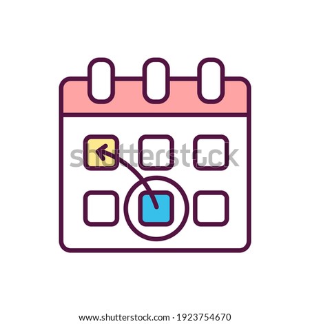 Re-schedule RGB color icon. Re-arrangement for appointment. Time management and event planning. Pre-launch organization. Change project deadline. Date of calendar. Isolated vector illustration