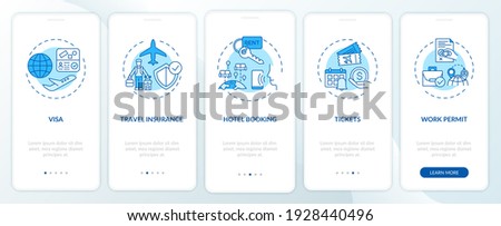 Business trip requirements onboarding mobile app page screen with concepts. Service optimization walkthrough 5 steps graphic instructions. UI vector template with RGB color illustrations