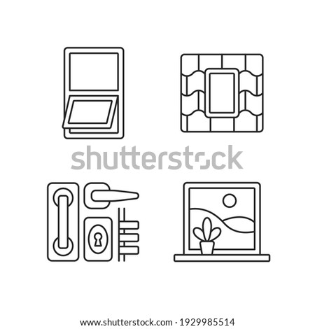 Windows replacement service linear icons set. Awning windows. Venting skylight. Door hardware. Customizable thin line contour symbols. Isolated vector outline illustrations. Editable stroke