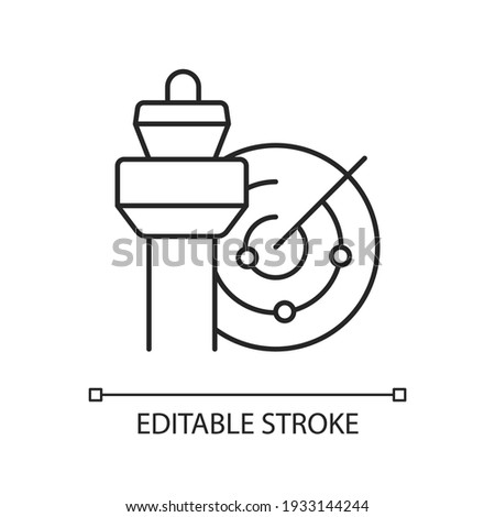 Air traffic control chalk linear icon. Radar and control tower. Civil aviation safety. Thin line customizable illustration. Contour symbol. Vector isolated outline drawing. Editable stroke