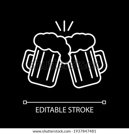 Toast with beer mugs white linear icon for dark theme. Party celebration with friends. Thin line customizable illustration. Isolated vector contour symbol for night mode. Editable stroke