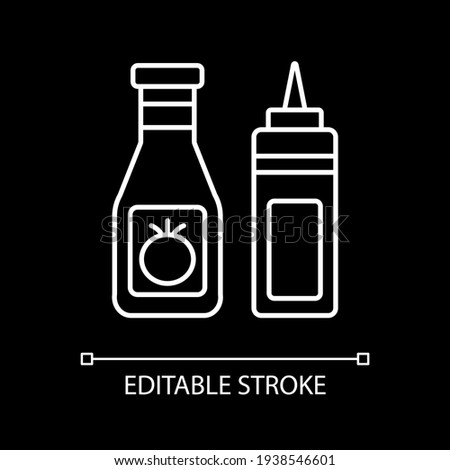 Sauce bottles white linear icon for dark theme. Ketchup and mustard. Dressing for cooking. Thin line customizable illustration. Isolated vector contour symbol for night mode. Editable stroke