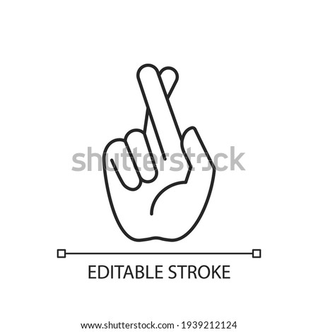 Crossed fingers linear icon. Hand gesture used to wish for luck. Keep your fingers crossed. Thin line customizable illustration. Contour symbol. Vector isolated outline drawing. Editable stroke