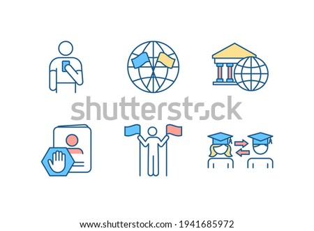 International affairs RGB color icons set. Diplomatic mission. Embassy. Citizenship service. Legal status. Multiple, dual nationality. Student exchange program. Isolated vector illustrations