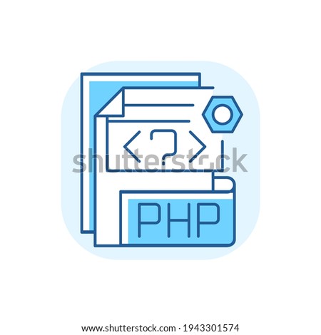 PHP file blue RGB color icon. Source code file. Hypertext Preprocessor code. Webpage files. String, integer, floating point number. PHP script. Web server. HTML form. Isolated vector illustration