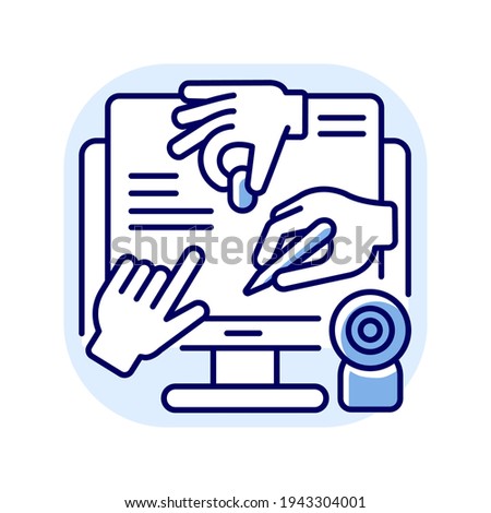 All hands meeting blue RGB color icon. Online collaborative project. Work together in internet. Remote connection with colleague. Share business document. Isolated vector illustration