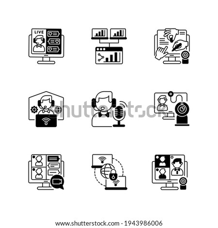 Virtual communication black linear icons set. Social media stream. Screen share. All hands online meeting. Collaborative work on project. Glyph contour symbols. Vector isolated outline illustrations