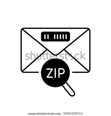 Zip code black linear icon. Post office service, correspondence outline symbol on white space. Letter with location ID. Envelope with postal code under magnifying glass vector isolated illustration