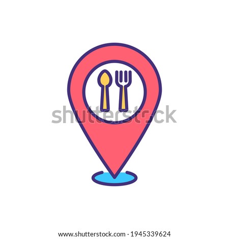 Local food RGB color icon. Dining locations. Restaurant, cafe, coffee cart, cafeterias. Food and beverage locations. Cuisines variety. Places offering grab-and-go items. Isolated vector illustration