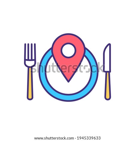 Food travel RGB color icon. Local restaurant and cafe. Street food. Culinary tourism. Fine dining. Cuisine and table pleasures exploration. Gastronomic tour. Isolated vector illustration