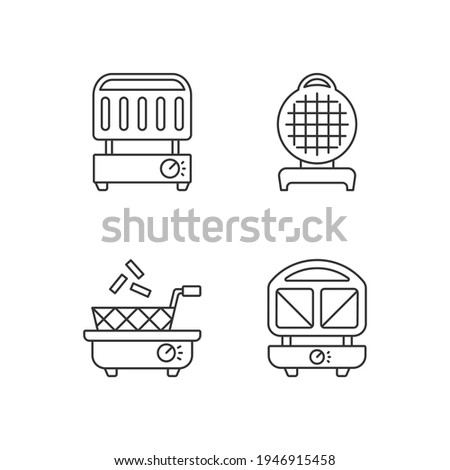 Kitchen appliances linear icons set. Electric grill. Waffle maker. Deep fryer. Sandwich press. Customizable thin line contour symbols. Isolated vector outline illustrations. Editable stroke