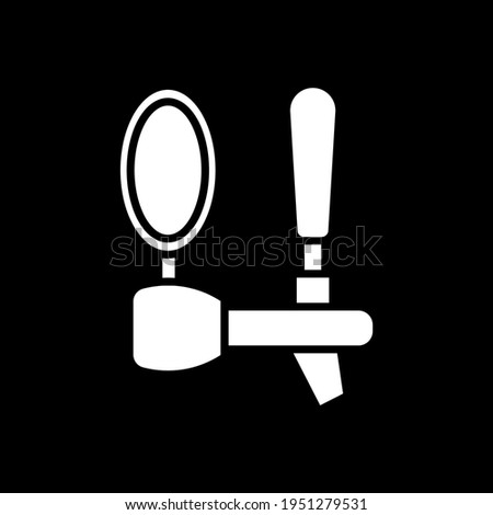 Beer tap dark mode glyph icon. Bar craft alcohol. Brewery machinery faucet. Pub booze. Draught beer. Pour lager. White silhouette symbol on black space. Vector isolated illustration