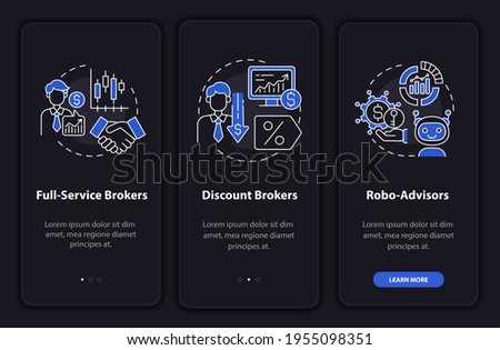 Intermediary types onboarding mobile app page screen with concepts. Full-service, robo broker walkthrough 3 steps graphic instructions. UI, UX, GUI vector template with linear night mode illustrations