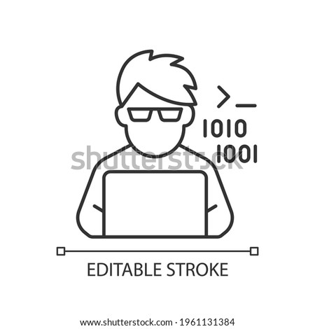 Programmer, computer expert linear icon. Man coding on laptop. Coder at laptop. Social class. Thin line customizable illustration. Contour symbol. Vector isolated outline drawing. Editable stroke