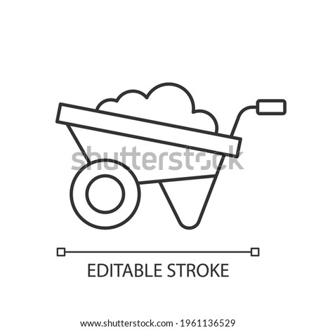 Wheelbarrow linear icon. Small opencart. Hand-propelled vehicle. Stones, weeds transportation. Thin line customizable illustration. Contour symbol. Vector isolated outline drawing. Editable stroke