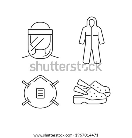 Medical equipment linear icons set. Face shield. Disposable coveralls. Doctor uniform. Quarantine safety. Customizable thin line contour symbols. Isolated vector outline illustrations. Editable stroke