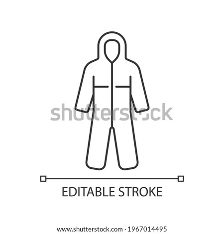 Medical coveralls linear icon. Protective wear from dangerous contamination. Suit for laboratory. Thin line customizable illustration. Contour symbol. Vector isolated outline drawing. Editable stroke