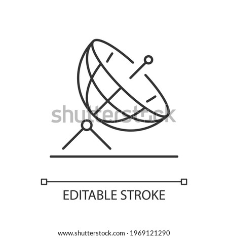 Satellite dish linear icon. Modern antenna which uses radiowaves. Technology which receives data. Thin line customizable illustration. Contour symbol. Vector isolated outline drawing. Editable stroke