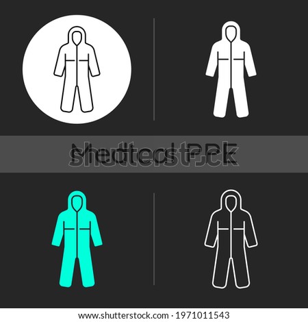 Medical coveralls dark theme icons set. Protective wear from dangerous contamination. Suit for laboratory. Disposable PPE. Linear white, solid glyph and RGB color styles. Isolated vector illustrations