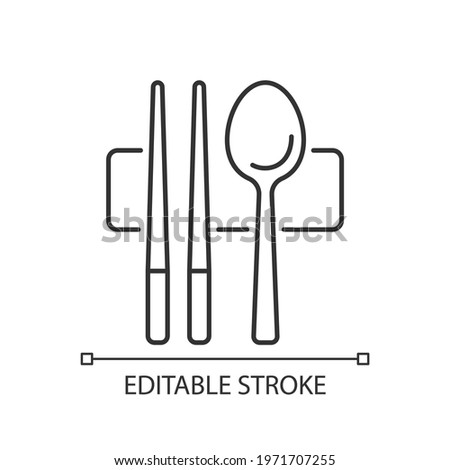 Sujeo linear icon. Metal chopsticks. Spoon for eating. Oriental tableware. Eastern cutlery. Thin line customizable illustration. Contour symbol. Vector isolated outline drawing. Editable stroke