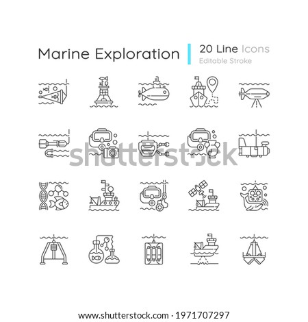 Marine exploration linear icons set. Increasing knowledge of marine animals. Discovering world nature. Customizable thin line contour symbols. Isolated vector outline illustrations. Editable stroke
