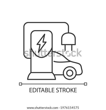 EV charging station linear icon. Place to charge battery of electromobile. Natural fuel. Thin line customizable illustration. Contour symbol. Vector isolated outline drawing. Editable stroke