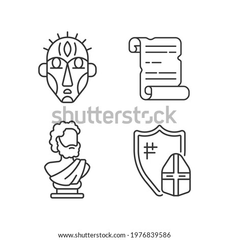 Exploring ancient lives linear icons set. Ritual masks. Manuscripts. Sculpted philosopher bust. Customizable thin line contour symbols. Isolated vector outline illustrations. Editable stroke