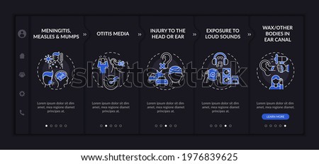 Developed hearing disorder onboarding vector template. Responsive mobile website with icons. Web page walkthrough 5 step screens. Wax, bodies in ear canal night mode concept with linear illustrations