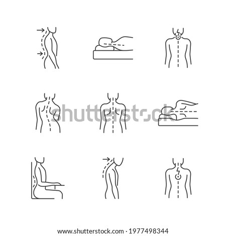 Back and posture problems linear icons set. Lumbar lordosis. Incorrect sleeping position. Neck pain. Customizable thin line contour symbols. Isolated vector outline illustrations. Editable stroke