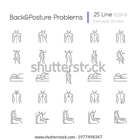 Back and posture problems linear icons set. Spinal abnormalities. Maintaining natural alignment. Customizable thin line contour symbols. Isolated vector outline illustrations. Editable stroke