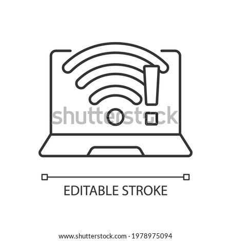 Wi fi does not work linear icon. Wireless connection issue, weak signal. No internet. Fix wifi. Thin line customizable illustration. Contour symbol. Vector isolated outline drawing. Editable stroke