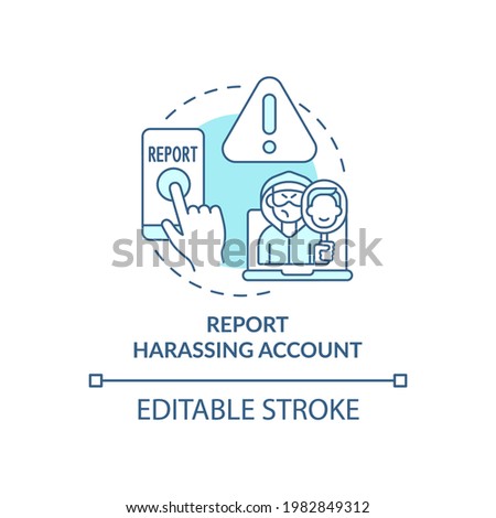Reporting harassing account concept icon. Cyberbullying prevention idea thin line illustration. Blocking users with malicious communications. Vector isolated outline RGB color drawing. Editable stroke