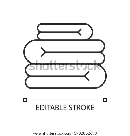 Towel stack linear icon. Clean bedding sheets. Home wipes. Textile products, household cloths. Thin line customizable illustration. Contour symbol. Vector isolated outline drawing. Editable stroke
