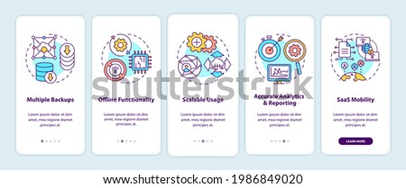SaaS pros onboarding mobile app page screen with concepts. Multiple backups, accurate analytics, mobility walkthrough 5 steps graphic instructions. UI vector template with RGB color illustrations