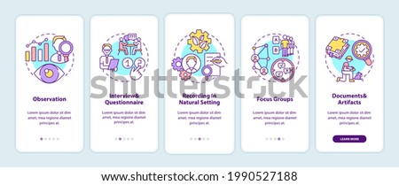Qualitative research techniques onboarding mobile app page screen with concepts. Method of collect and process walkthrough 5 steps graphic instructions. UI vector template with RGB color illustrations Foto d'archivio © 