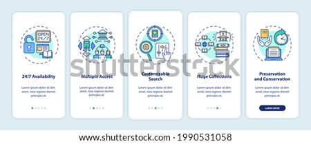 Online library benefits onboarding mobile app page screen with concepts. Customizable search walkthrough 5 steps graphic instructions. UI vector template with RGB color illustrations