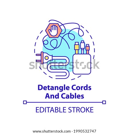 Detangle cords and cables concept icon. Fix wires in cable boxes idea thin line illustration. Using decorative washi tape. Vector isolated outline RGB color drawing. Editable stroke