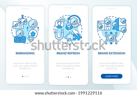 Brand implementation onboarding mobile app page screen with concepts. Rebranding, brand refresh walkthrough 3 steps graphic instructions. UI, UX, GUI vector template with linear color illustrations