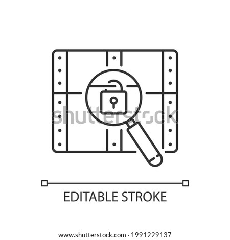 Chest with lock linear icon. Search for pirate treasure. Open casket. Solving puzzles. Thin line customizable illustration. Contour symbol. Vector isolated outline drawing. Editable stroke