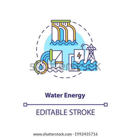 Water energy concept icon. Renewable energy source for electricity idea thin line illustration. Hydropower rely on water. Vector isolated outline RGB color drawing. Editable stroke