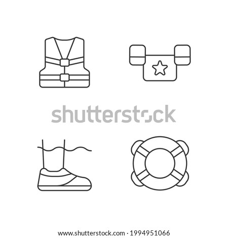 Pool equipment linear icons set. Life jacket. Puddle jumper. Water shoes. Ring buoy. Flotation device. Customizable thin line contour symbols. Isolated vector outline illustrations. Editable stroke