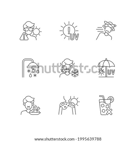 Heatstroke risk during summer linear icons set. Sunburn on skin. UV rays exposure during summer. Customizable thin line contour symbols. Isolated vector outline illustrations. Editable stroke