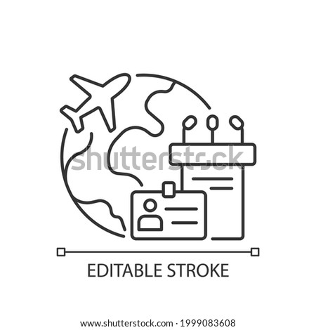 MICE tourism linear icon. Business trip. International flight for professional meeting. Thin line customizable illustration. Contour symbol. Vector isolated outline drawing. Editable stroke