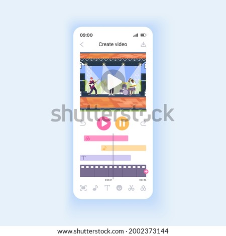 Editing video files for social media smartphone interface vector template. Mobile app page design layout. Adding effects, music and text to clip screen. Flat UI for application. Phone display