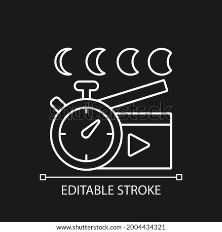 Time lapse videos white linear icon for dark theme. Shooting footage over night. Thin line customizable illustration. Isolated vector contour symbol for night mode. Editable stroke