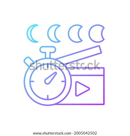 Time lapse videos gradient linear vector icon. Shooting footage over night. Clock with time passing for filmmaking. Thin line color symbols. Modern style pictogram. Vector isolated outline drawing