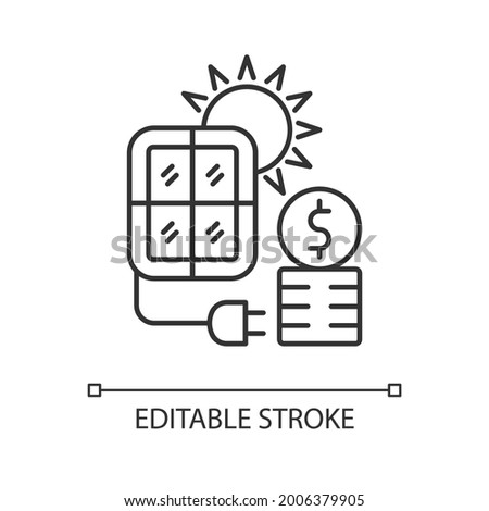 Solar energy price linear icon. PV panels for sun power generation. Energy purchase. Thin line customizable illustration. Contour symbol. Vector isolated outline drawing. Editable stroke