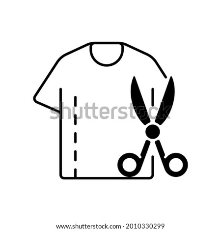 Resizing clothes black linear icon. Garment restoration. Damaged shirt. Fix outfit with scissors. Clothing alteration and repair services. Outline symbol on white space. Vector isolated illustration