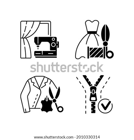 Clothes repair service black linear icons set. Professional upholstery. Sewing machine. Leather jacket. Textile and fabric alteration. Glyph contour symbols. Vector isolated outline illustrations